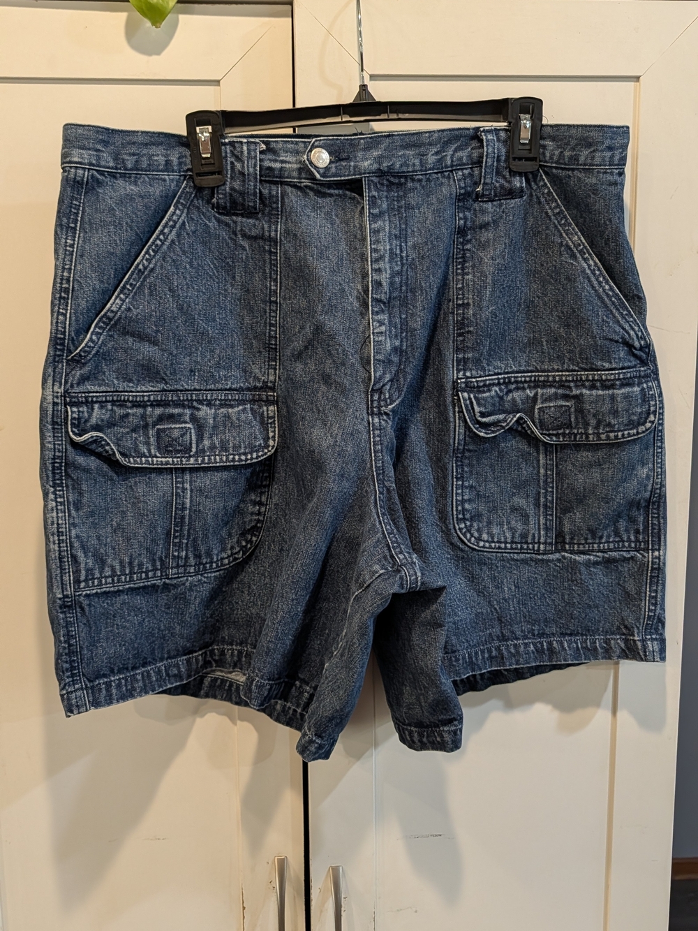 Classic Dark Blue Denim Cargo Jean Shorts - Women's